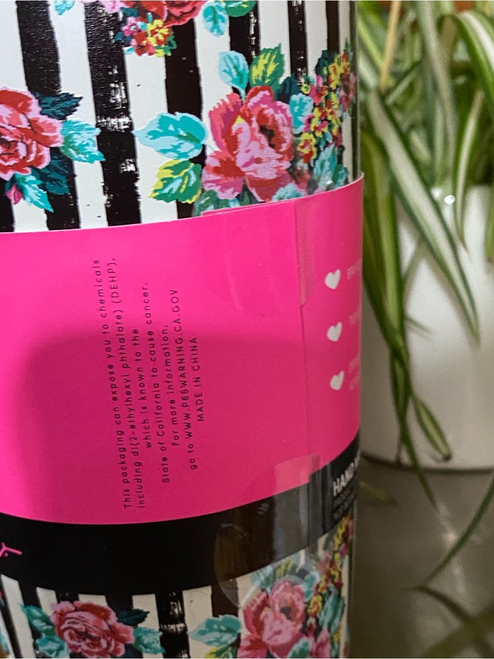 Betsey Johnson Black & White Striped Floral Tumbler with Hot Pink Logo - Picture 9 of 10